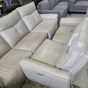 EX DISPLAY ENCORE LIGHT GREY LEATHER 3 SEATER AND 2 SEATER LOUNGE SUITES WITH ELECTRIC RECLINERS SOLD AS IS