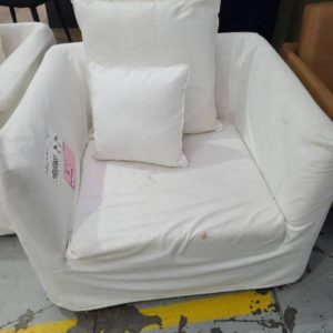 EX-HIRE WHITE LINEN ARMCHAIR WITH CUSHIONS SOLD AS IS