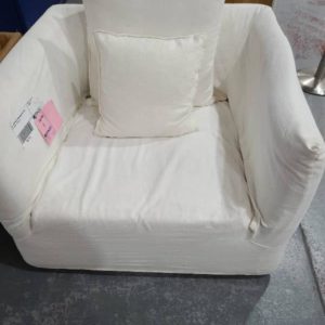 EX-HIRE WHITE LINEN ARMCHAIR WITH CUSHIONS SOLD AS IS