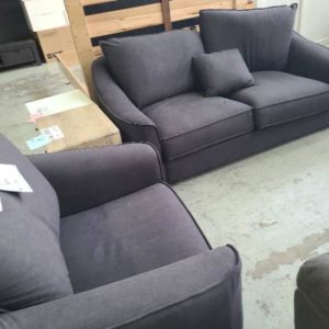 BRAND NEW ALESKA 2 SEATER COUCH WITH SWIVEL ARM CHAIR GREY FABRIC SOLD AS IS