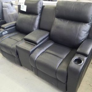 EX DISPLAY PARAMOUNT THICK BLACK LEATHER 2 SEATER COUCH WITH ELECTRIC RECLINERS AND HEADRESTS SOLD AS IS