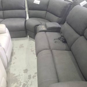 EX DISPLAY ROXY 5 SEATER RHINO ASH MOUDLAR CORNER LOUNGE WITH 2 ELECTRIC RECLINERS SOLD AS IS