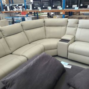 EX DISPLAY GOLIATH 5 SEATER THICK GREY LEATHER MODULAR LOUNGE WITH MANUAL RECLINERSSOLD AS IS