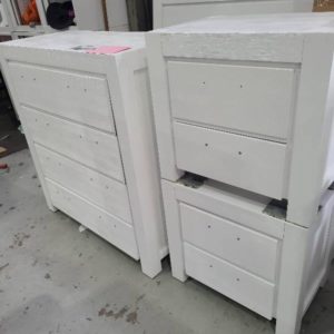 EX DISPLAY ASTOR WHITE TIMBER QUEEN BEDFRAME SUITE WITH TALLBOY & 2 BEDSIDE TABLES SOLD AS IS