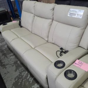 EX DISPLAY JORDAN THICK BEIGE LEATER 3 SEATER COUCH WITH ELECTRIC RECLINERS DOUBLE MOTOR DROP STORAGE UNIT WITH ELECTRIC RECLINER ARM CHAIR SOLD AS IS