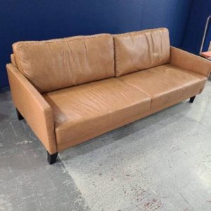EX DISPLAY CAMEL LEATHER PLUSH 2.5 SEATER COUCH SOLD AS IS