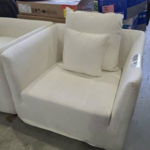 EX-HIRE WHITE LINEN ARMCHAIR SOLD AS IS