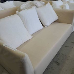 EX-HIRE WHITE LINEN 2.5 SEATER COUCH NO COVER NO CUSHIONS SOLD AS IS