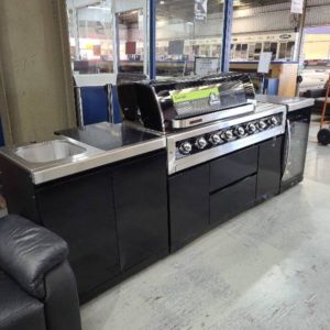 EX-DISPLAY GASMATE GALAXY OUTDOOR KITCHEN WITH BLACK STONE TOPS 6 BURNER BBQ SINGLE DOOR BAR FRIDGE AND S/STEEL SINK RRP $7999 **SOME DENTS ON BBQ AND BOTTOM PANELS** SOLD AS IS