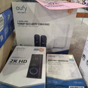 EUFY SECURITY SET 3 PIECE 2 X WIRE FREE 1080P CAMERA & VIDEO DOORBELL WITH ENTRY SENSOR