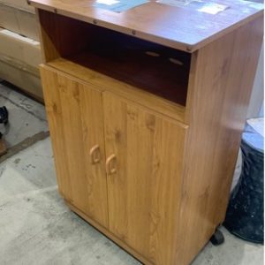 SECOND HAND - TIMBER CABINET ON WHEELS SOLD AS IS