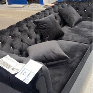 BRAND NEW BLACK VELVET STYLE BUTTON UPHOLSTERED COUCH 2.5 SEATER SOLD AS IS