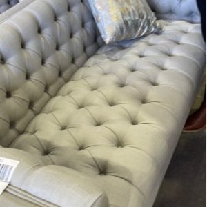 BRAND NEW GREY/GREEN MATERIAL BUTTON UPHOLSTERED 2 SEATER COUCH