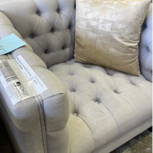 BRAND NEW LIGHT GREY MATERIAL BUTTON UPHOLSTERED ARMCHAIR