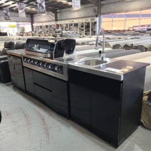 EX DISPLAY GASMATE GALAXY BLACK OUTDOOR BBQ KITCHEN WITH 6 BURNER BBQ WITH SINK MODULE RRP$6499 *SOME DENTS ON LEFT CABINET DOOR DENTED KICKER ON RIGHT** SOLD AS IS
