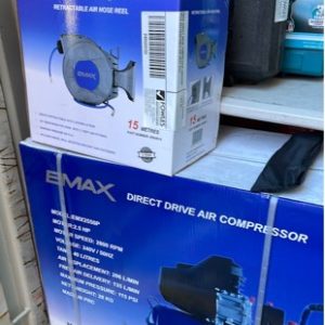 EMAX DIRECT DRIVE COMPRESSOR EMX2550P WITH RECTRACTABLE AIR HOSE REEL