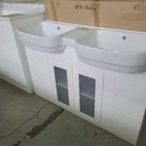 NEW 1200MM DOUBLE BOWL VANITY WITH GLASS DOORS WITH WHITE CERAMIC TOP P892-1200G 2 BOXES ON PICK UP
