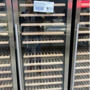 EX DEMO E430WSCS1 EURO WINE COOLER 450LITRE TIMBER SHELVES DOUBLE GLAZED DOOR APPROX 157-164 BOTTLES HUMIDITY CONTROL DUAL ZONE BLUE LED LIGHT RRP$1765 WITH 3 MONTH BACK TO BASE WARRANTY SOLD AS IS