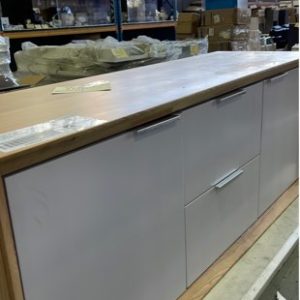J2064 WALL HUNG 1500MM SOLID ASH WALL VANITY WITH WHITE DOORS AND DRAWERS SOLD AS IS IMPERFECT STOCK