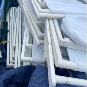 STILLAGE OF EX HIRE WHITE SLING BACK CHAIRS SOLD AS IS STILLAGE NOT INCLUDEDCONTENTS ONLY
