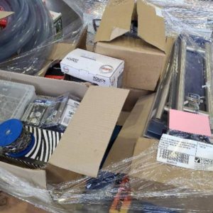PALLET OF ASSORTED HARDWARE STORE STOCK INCLUDING ROLLS OF CHAIN ASSORTED DOOR FURNITURE BOXES OF BOLTS PACKS OF PLIERS ETC SOLD AS IS