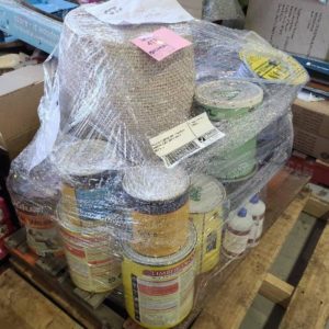 PALLET OF ASSORTED PAINT DECKING OIL HAMPTON BASKET BOX OF HANDLES SOLD AS IS