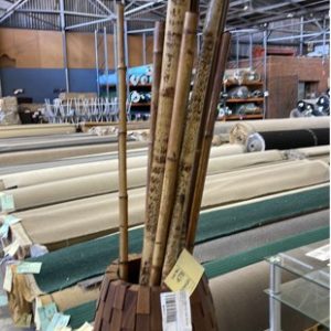 DESIGNER TIMBER TALL PLANT POT WITH BAMBOO POLES SOLD AS IS