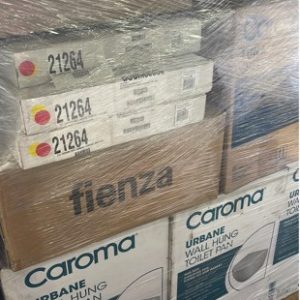 PALLET OF ASSORTED VANITY BASINS CAROMA TOILET SUITES SOLD AS IS