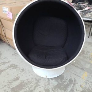 EX HIRE REPLICA BALL CHAIR BY EERO AARNO SWIVELS WHITE EXTERIOR BLACK INTERIOR SOLD AS IS
