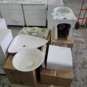 PALLET OF ASSORTED VANITY BOWLS TOILET BASES FLUES & NON MATCHING CISTERNS SOLD AS IS