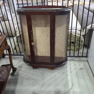 SECOND HAND ANTIQUE STYLE DISPLAY CABINET WITH GLASS SHELVES BROKEN LEG SOLD AS IS