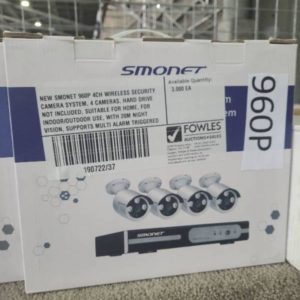 NEW SMONET 960P 4CH WIRELESS SECURITY CAMERA SYSTEM 4 CAMERAS HARD DRIVE NOT INCLUDED SUITABLE FOR HOME FOR INDOOR/OUTDOOR USE WITH 20M NIGHT VISION SUPPORTS MULTI ALARM TRIGGERED & ALARM ALERT VIEW LIVE VIDEO REMOTELY BY PHONE & PAD 12 MONTH WARRANTY