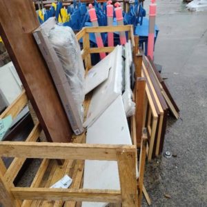 CRATE OF ASSORTED VANITY TOPS AND TIMBER BATH LADDERS SOLD AS IS