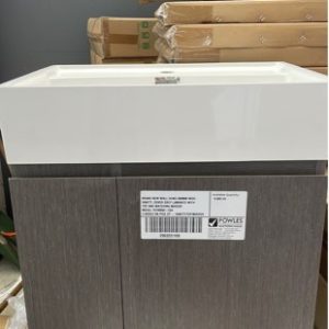 BRAND NEW WALL HUNG 600MM WIDE VANITY DOVER GREY LAMINATE WITH TOP AND MATCHING MIRROR MODEL 10100060-C04 3 BOXES ON PICK UP - VANITY/TOP/MIRROR