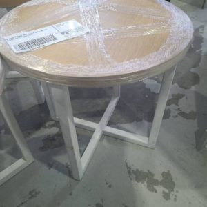 EX HIRE ROUND SIDE TABLE WITH WHITE METAL LEGS SOLD AS IS
