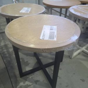 EX HIRE ROUND SIDE TABLE WITH BLACK METAL LEGS SOLD AS IS