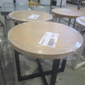 EX HIRE ROUND SIDE TABLE WITH BLACK METAL LEGS SOLD AS IS