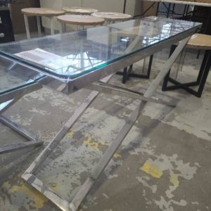 EX HIRE GLASS & CHROME CROSS LEG HALL TABLE SOLD AS IS