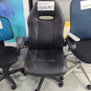EX SAMPLE CHAIR BLACK FAUX LEATHER RACER CHAIRS CHAIR TILT PADDED FLIP UP ARMS HEIGHT ADJUSTABLE WEIGHT CAPACITY 130KG RRP$129