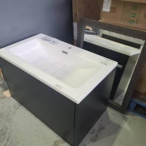 NEW 800MM WALL HUNG VANITY WITH VANITY TOP & MATCHING MIRROR EBONY 1008080-C02