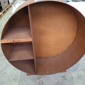 SCANDIA ROUND 1000 CORTEN WOOD STORAGE WITH 4 COMPARTMENTS THE LARGEST IS IDEAL FOR LARGE LOGS THE METAL IS SUITABLE FOR OUTDOOR STORAGE REMOVEABLE BASE AND WALL MOUNT OPTION RRP$549
