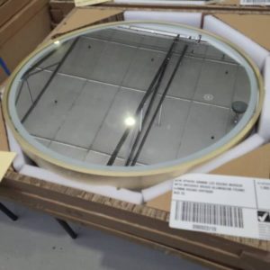 NEW SPHERE 600MM LED ROUND MIRROR WITH BRUSHED BRASS ALUMINIUM FRAME 610MM ROUND RRP$689 BOX S5