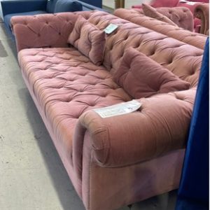 EX HIRE PINK VELVET CHESTERFIELD STYLE COUCH STUD DETAIL SOLD AS IS
