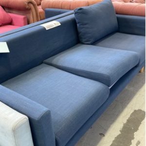 EX HIRE NAVY MATERIAL COUCH MISSING 2 BACK CUSHIONS SOLD AS IS