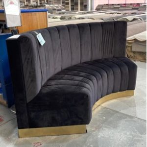 EX HIRE BLACK VELVET CURVED BANQUET BENCH WITH GOLD KICKER SOLD AS IS