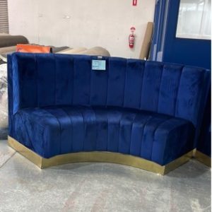 EX HIRE BLUE VELVET CURVED BANQUET BENCH WITH GOLD KICKER SOLD AS IS