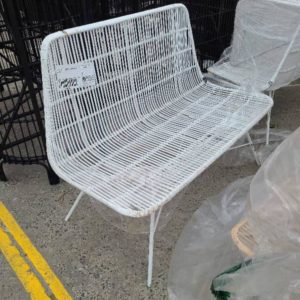 EX HIRE WHITE CANE OUTDOOR COUCH SOLD AS IS