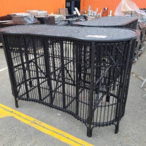 EX HIRE BLACK CANE CURVED BAR TABLES SOLD AS IS