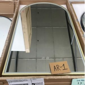EX DISPLAY DESIGNER ARCH LED MIRROR WITH BRUSHED BRASS FRAME WITH LED LIGHTING & DEMISTER RRP$729 500MM WIDE X 900MM HIGH AR-1