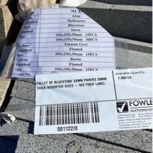PALLET OF BLUESTONE SAWN PAVERS 30MM THICK ASSORTED SIZES - SEE PACK LABEL